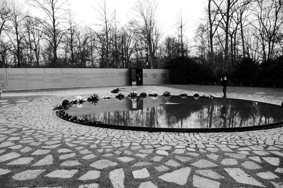 Das Denkmal für die im Nationalsozialismus ermordeten Sinti* und Roma* Europas im Berliner Tiergarten. Im Zentrum befindet sich ein Wasserbecken mit einer dreieckigen Stele in der Mitte. Am Beckenrand liegen Blumen. Im Bild-Hintergrund sind Bäume und Glasplatten mit Texttafeln.